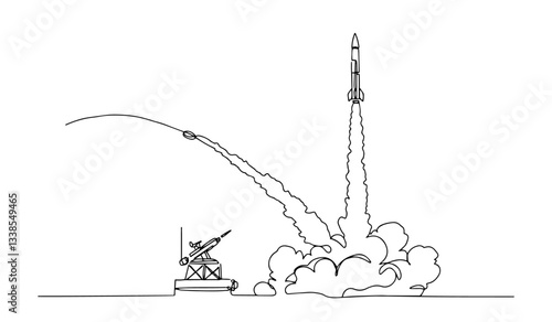 missile being launched from a military base, leaving a trail of smoke as it soars into the sky linear monoline vector black and white graphic thin oneline