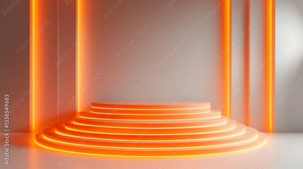 Fototapeta premium Illuminated Circular Podium A Modern Minimalist Stage Design with Warm Orange Neon Accents
