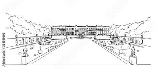 Palace of Versailles with its ornate gardens and fountains linear monoline vector black and white graphic thin oneline