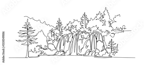 Plitvice Lakes in Croatia with waterfalls linear monoline vector black and white graphic thin oneline
