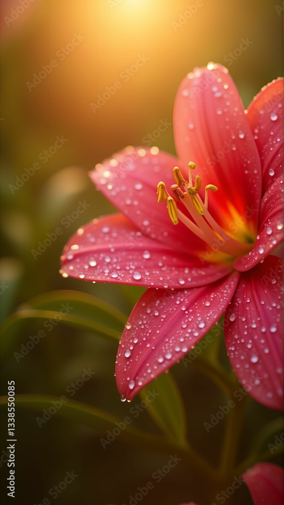Fototapeta premium Dew-Kissed Crimson Lily in Golden Light