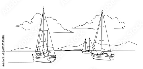Sailing yachts in the harbors of Antigua and Barbuda linear monoline vector black and white graphic thin oneline