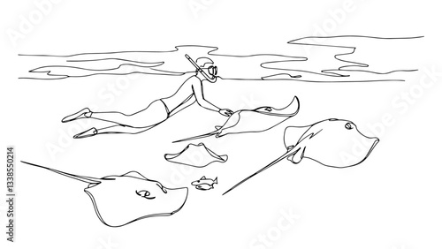 Snorkeling among stingrays in Stingray City, Grand Cayman linear monoline vector black and white graphic thin oneline