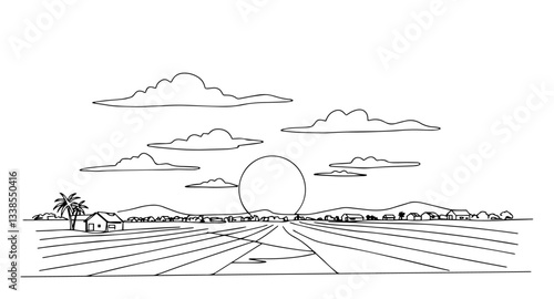 Sunset over the sugar plantations in Barbados linear monoline vector black and white graphic thin oneline