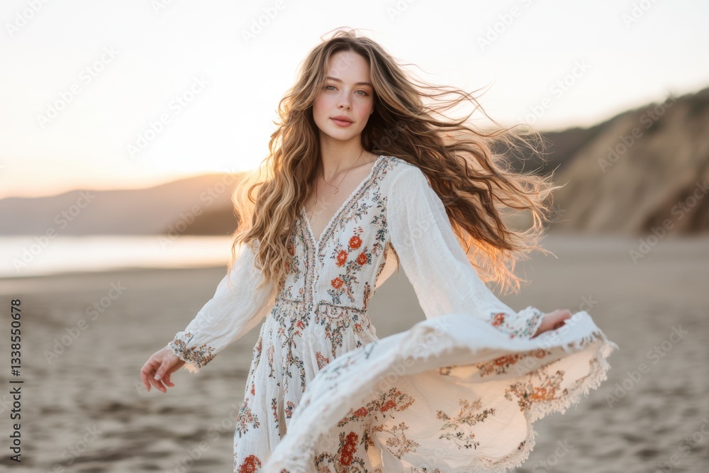 Spinning barefoot on a sandy beach at sunset, a young woman in a flowing embroidered maxi dress dances with ethereal joy Spinning barefoot on a sandy beach at sunset, a young woman in a flowing embroidered maxi dress dances with ethereal joy