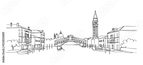 Venice Panorama monoline vector oneline line art illustration