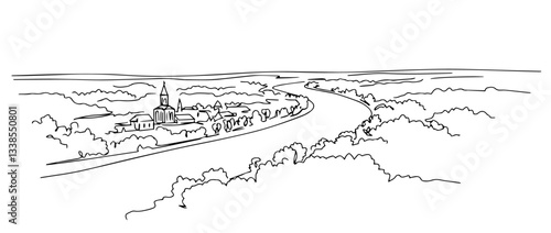 Volga River winding through Russia’s heartland monoline vector oneline line art illustration