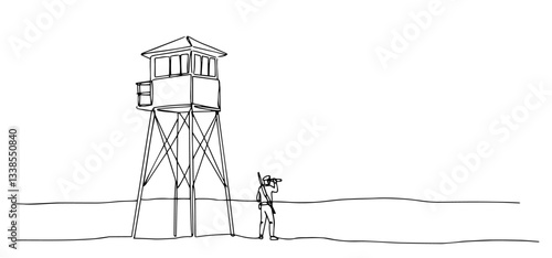 watchtower on a base, with a guard scanning the horizon monoline vector oneline line art illustration