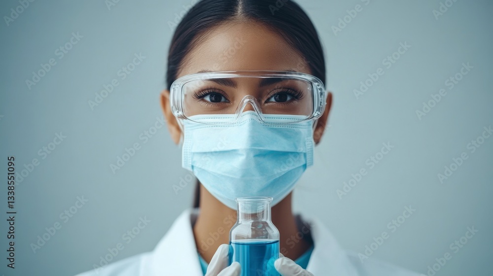 Female scientist or laboratory technician wearing protective mask and holding a test tube in a research environment Female scientist or laboratory technician wearing protective mask and holding a test tube in a research environment