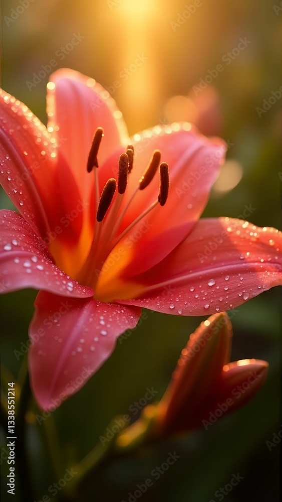 Fototapeta premium Dew-Kissed Crimson Lily in Golden Light