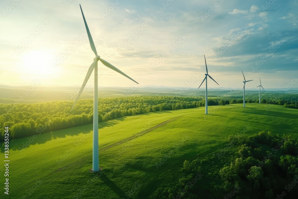 Fototapeta premium A group of wind turbines standing tall on a lush green field, with the blades spinning in the breeze