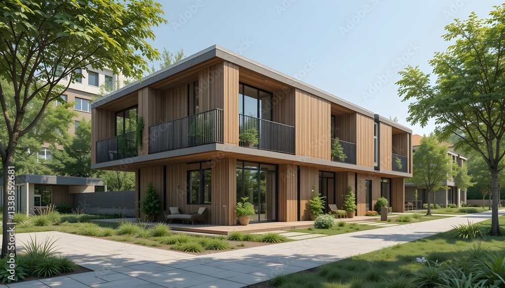 Modern wooden building surrounded by greenery and pathways. Modern wooden building surrounded by greenery and pathways.