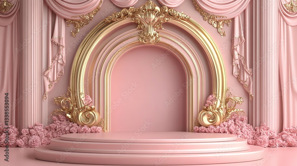 Fototapeta premium Elegant Pink and Gold Podium, Ideal for Product Displays, Showcases Luxury and Sophistication with Delicate Floral Accents