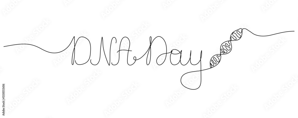 DNA Day one line art lettering. Outline hand drawn script. Words in continuous style. Handwritten quote with editable stroke. Minimalist black drawing of phrase on white background. DNA Day one line art lettering. Outline hand drawn script. Words in continuous style. Handwritten quote with editable stroke. Minimalist black drawing of phrase on white background.