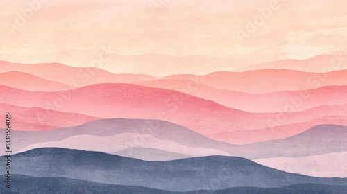 Layered Pink And Blue Mountain Range At Sunset Watercolor Painting with texture and gradient colors. A beautiful landscape view with serene and calm atmosphere. Soft hues of pink, orange, red