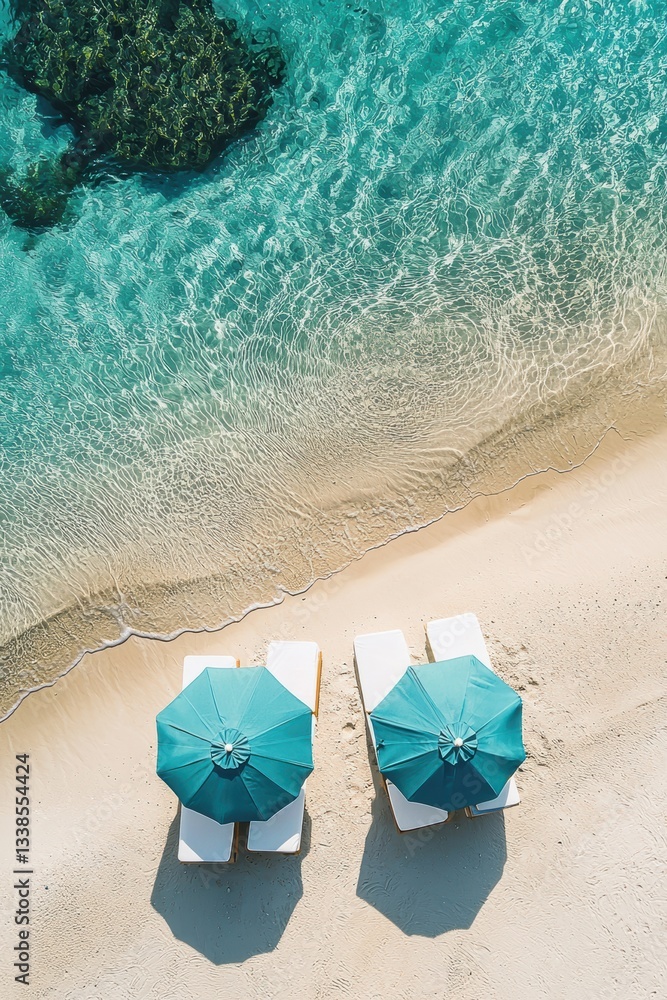 Naklejka premium Aerial view of beach loungers with colorful umbrellas on white sand