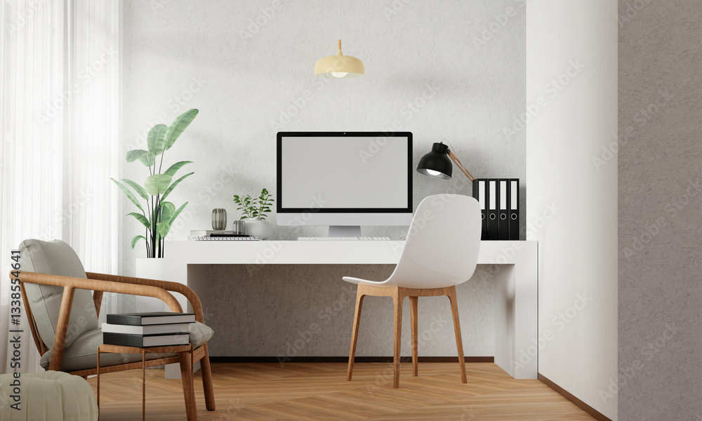Fototapeta premium Stylish home office design with elegant decor, 3D render illustration.