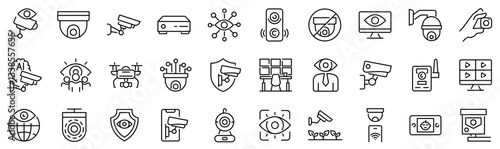 Set of 30 outline icons related to cctv, surveillance. Linear icon collection. Editable stroke. Vector illustration