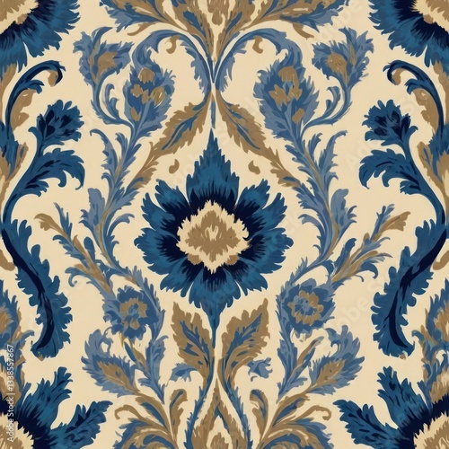 Image is a seamless, ornate wallpaper pattern featuring a symmetrical design. The layout consists of intricate floral and leaf motifs, predominantly in shades of blue and brown