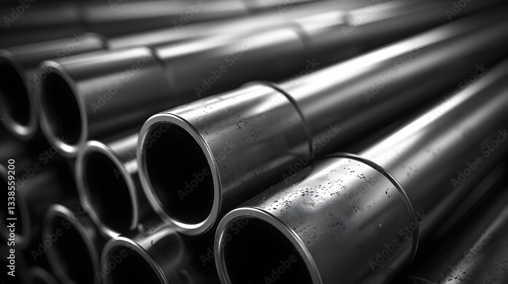 Fototapeta premium A stack of steel pipes in an industrial warehouse setting showcasing a modern minimalist monochrome background