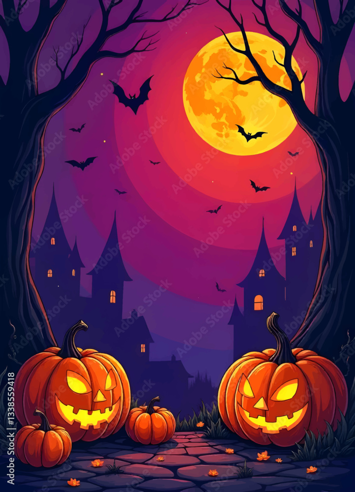 Purple halloween background with pumpkins and bats, Color halloween party invitation with pumpkin and bats, spooky abstract design, Cartoon Pumpkin dark fall pumpkin decoration card template design Purple halloween background with pumpkins and bats, Color halloween party invitation with pumpkin and bats, spooky abstract design, Cartoon Pumpkin dark fall pumpkin decoration card template design