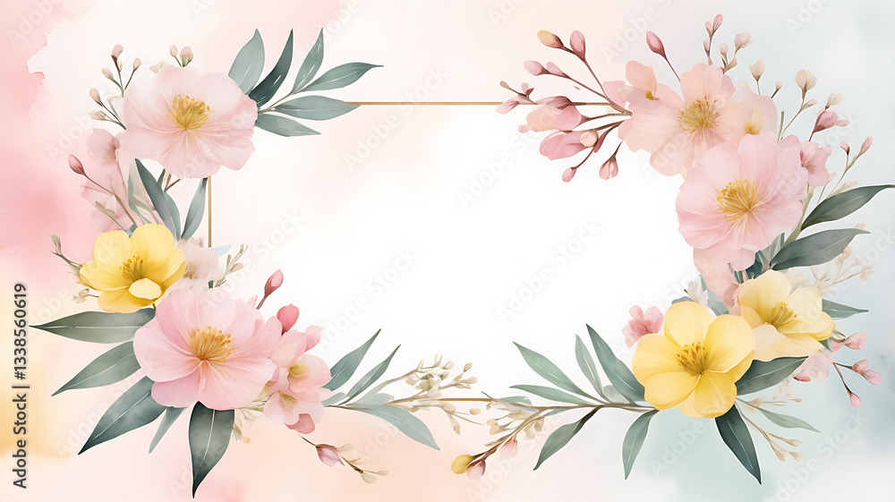 Beautiful smooth floral frame with soft pink and yellow blossoms on a watercolor abstract background. Beautiful smooth floral frame with soft pink and yellow blossoms on a watercolor abstract background.