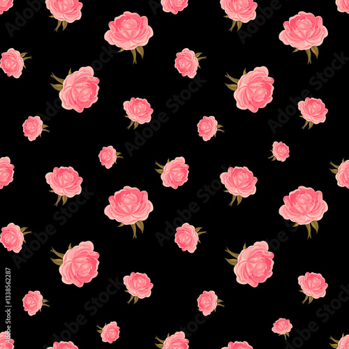 Rose flowers of pink color on black background. Seamless pattern