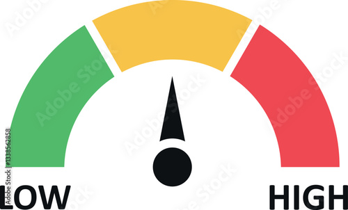 Vector speedometer meter with arrow for dashboard with green, yellow, orange and red indicators