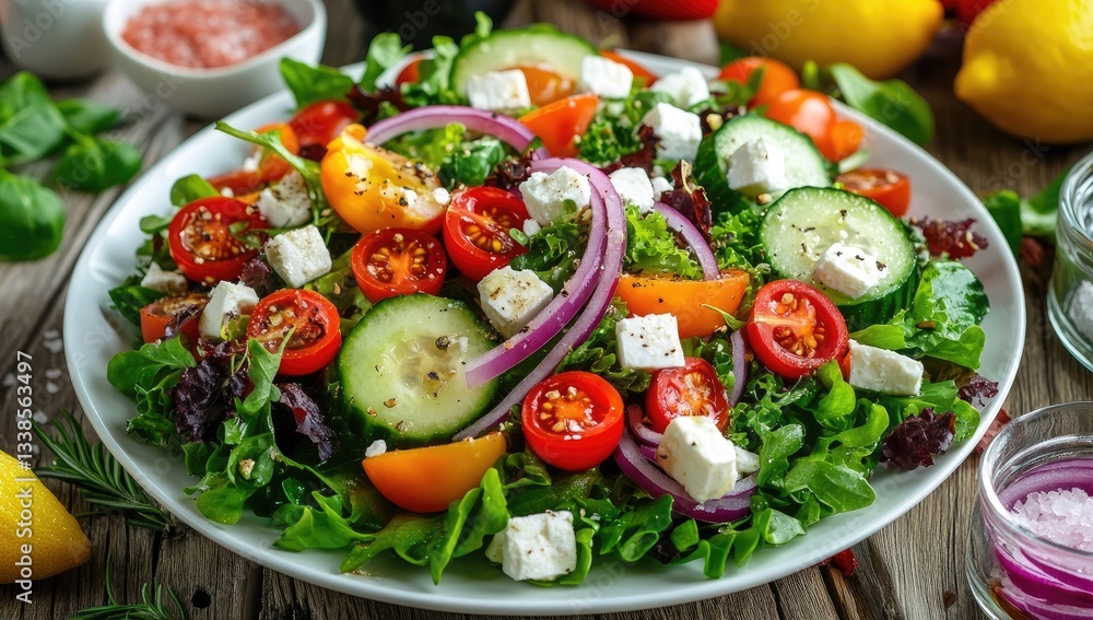 A large salad with mixed greens, cherry tomatoes, red onion slices, cucumber pieces, and feta cheese on top of the dressing. A large salad with mixed greens, cherry tomatoes, red onion slices, cucumber pieces, and feta cheese on top of the dressing.