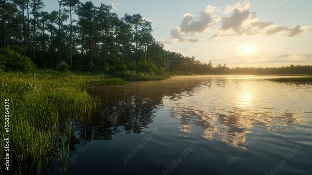 Ethereal Natural Landscape at Dusk with Calm Water and Reflections in a Tranquil Setting Ethereal Natural Landscape at Dusk with Calm Water and Reflections in a Tranquil Setting