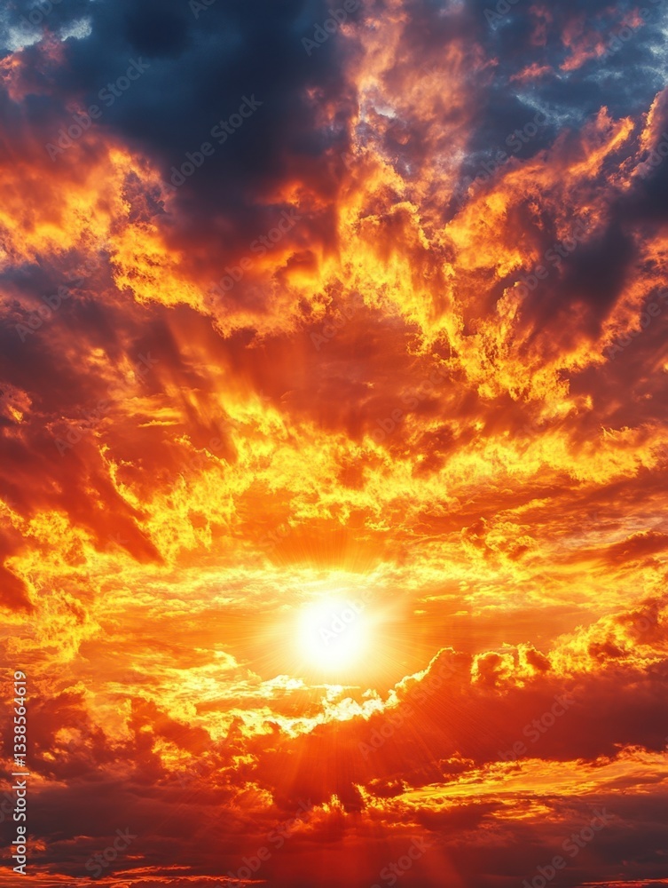 Fototapeta premium Fiery sunset with dramatic clouds painting the sky in vibrant orange and yellow hues creating a mesmerizing spectacle of nature