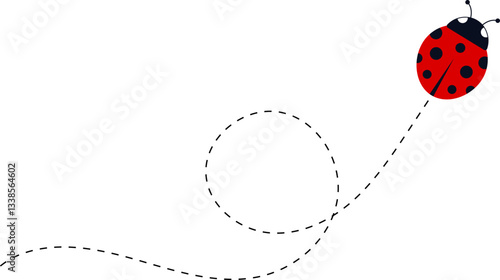 Cute ladybug characters collection. Flying ladybug with dotted path. Ladybugs flying on dotted route. ladybug icon set. Insects group. Vector illustration isolated on white.