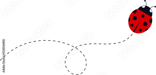 Cute ladybug characters collection. Flying ladybug with dotted path. Ladybugs flying on dotted route. ladybug icon set. Insects group. Vector illustration isolated on white.
