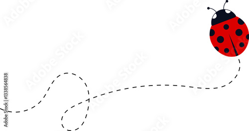 Cute ladybug characters collection. Flying ladybug with dotted path. Ladybugs flying on dotted route. ladybug icon set. Insects group. Vector illustration isolated on white.