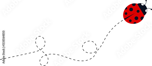 Cute ladybug characters collection. Flying ladybug with dotted path. Ladybugs flying on dotted route. ladybug icon set. Insects group. Vector illustration isolated on white.