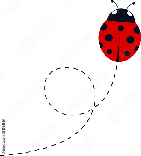 Cute ladybug characters collection. Flying ladybug with dotted path. Ladybugs flying on dotted route. ladybug icon set. Insects group. Vector illustration isolated on white.