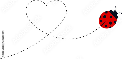 Cute ladybug characters collection. Flying ladybug with dotted path. Ladybugs flying on dotted route. ladybug icon set. Insects group. Vector illustration isolated on white.