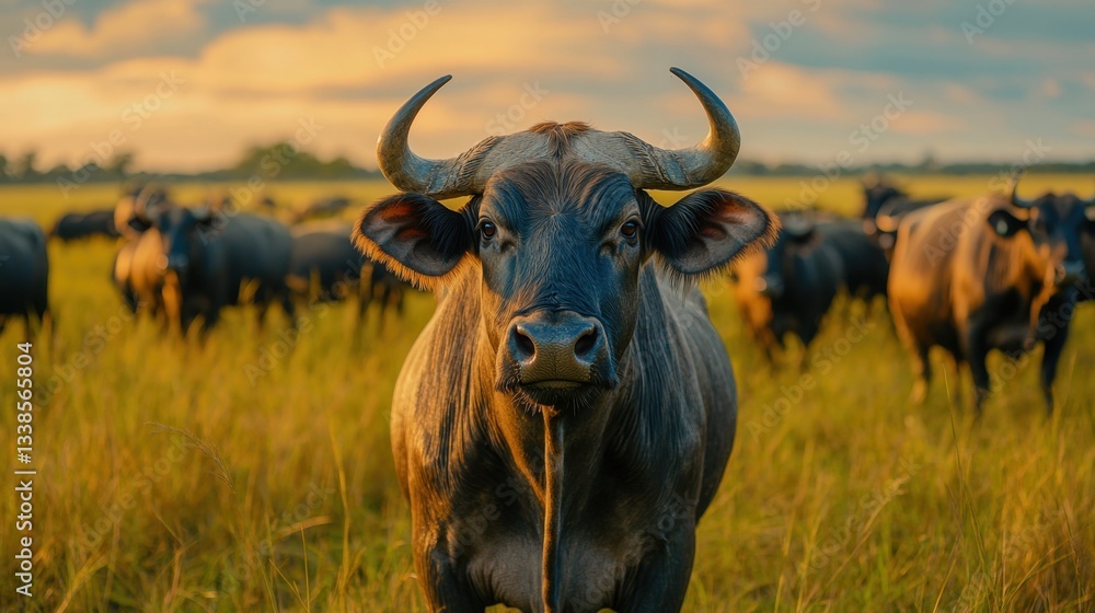 Majestic Cape Buffalo Gaze Amidst Golden Savannah Grassland at Sunset in South Africa Wildlife Photography Majestic Cape Buffalo Gaze Amidst Golden Savannah Grassland at Sunset in South Africa Wildlife Photography