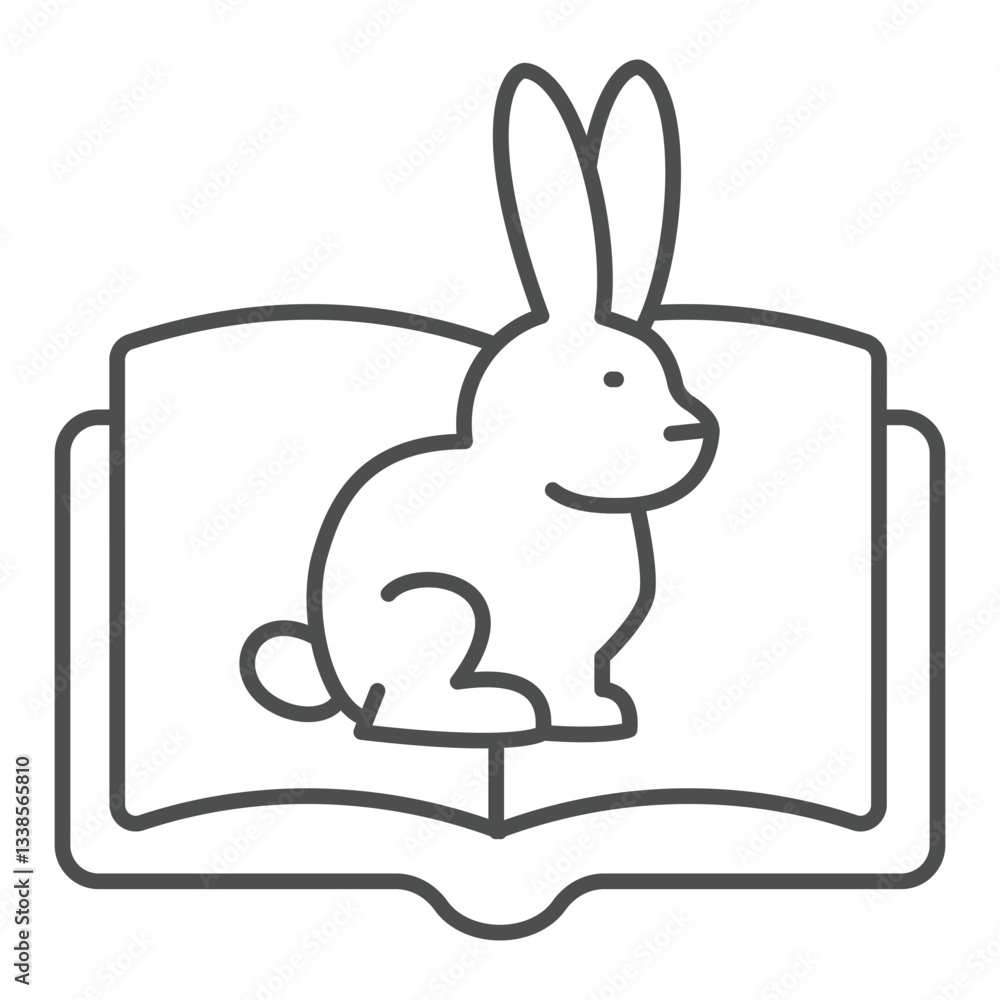 Obraz premium Rabbit at book thin line icon, love animals tale concept. Vector graphics. Opened book and sitting bunny sign on white background, outline style icon for mobile or web design.
