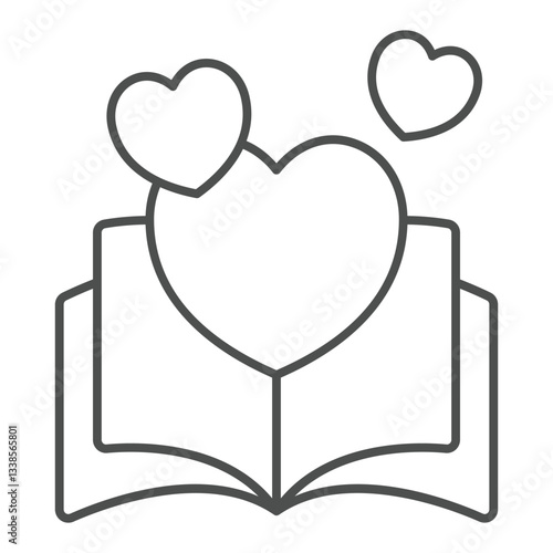Love story book thin line icon, romantic tale concept. Vector graphics. Opened book and heart shape sign on white background, outline style icon for mobile or web design.