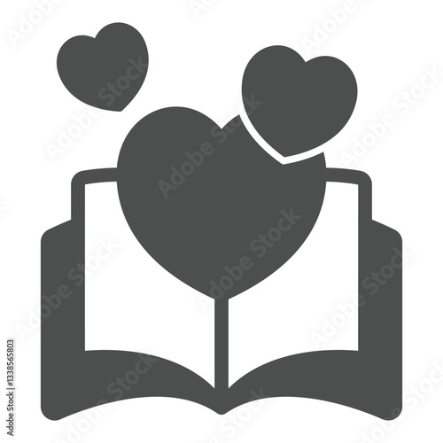 Love story book solid icon, romantic tale concept. Vector graphics. Opened book and heart shape sign on white background, glyph style icon for mobile or web design.