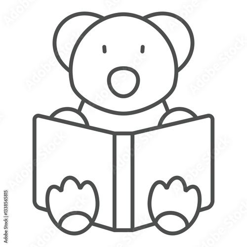 Bear toy and book thin line icon, love animals tale concept. Vector graphics. Bear animal with opened textbook sign on white background, outline style icon for mobile or web design.