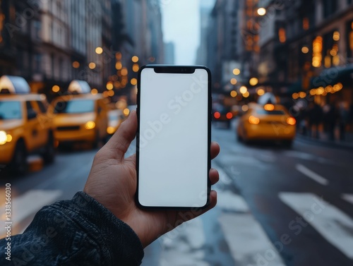 Hand holding a smartphone with taxi reservations service app mobility service