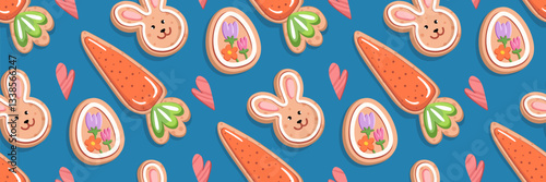 Cute Easter pattern with handmade cookies in form of bunny, carrot and egg. Festive gingerbread cookie with icing. Spring background for holiday greeting, invitation. Vector flat illustration.