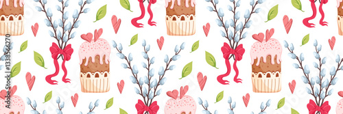 Happy Easter seamless pattern with blooming willow branches and colored eggs. Traditional religious elements. Spring festive background for invitations. Vector flat illustration.