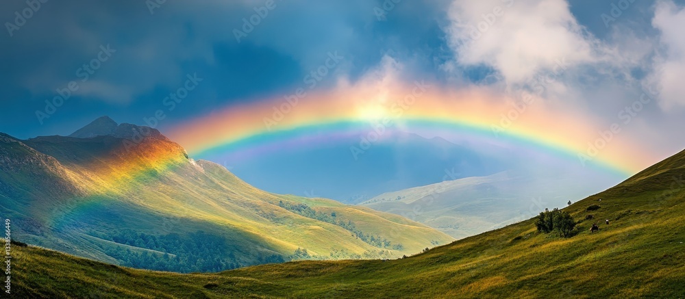 Obraz premium Vibrant Rainbow Over Lush Green Hills in Majestic Landscape