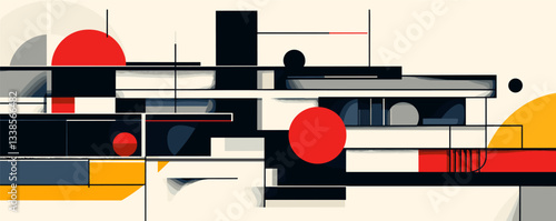 Abstract geometric composition with bold red and black shapes and lines.