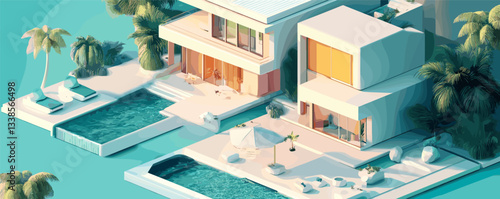 Modern tropical villa with pools surrounded by palms and sun loungers under a bright blue sky.