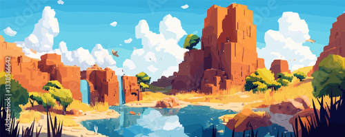 Tranquil desert oasis with rock formations and blue sky in vibrant landscape painting.