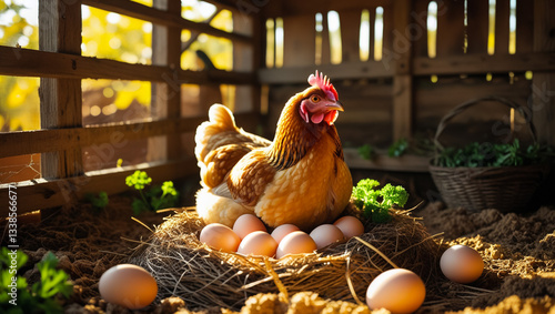 basket full of fresh eggs with red laying hen in dry straw inside a wooden chicken coop on the background